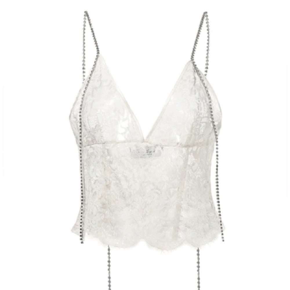 Nana Jacqueline Los Angeles Bianca French Lace Rhinestone Strap Dangle Tank